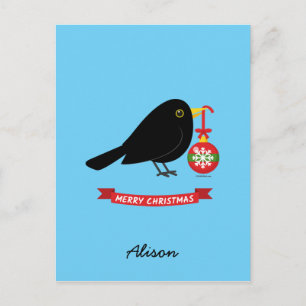 Leuke merel met een kerstbal aangepaste naam briefkaart