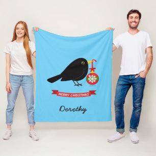 Leuke merel met een kerstbal aangepaste naam fleece deken