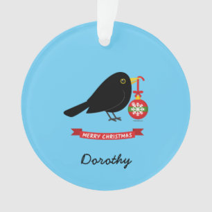 Leuke merel met een kerstbal aangepaste naam ornament