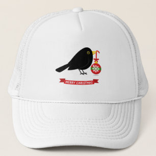 Leuke merel met een kerstbal trucker pet