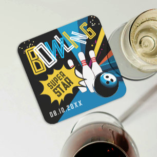 Leuke moderne kleurrijke Blue Strike Bowling Star Vierkante Kartonnen Onderzetter