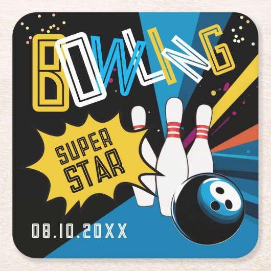 Leuke moderne kleurrijke Blue Strike Bowling Star Vierkante Kartonnen Onderzetter (Voorkant)