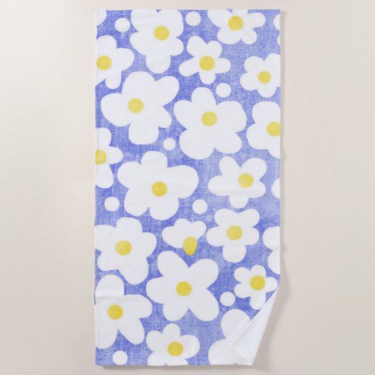 Leuke Moderne Retro Daisy Blauw Geel Wit Strandlaken (Voorkant)