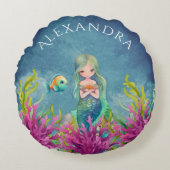 Leuke Monogram Naam Blauwe Waterverf Zeemeermin Rond Kussen (Voorkant)