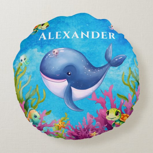 Leuke Monogram Naam Kust Zee Schildpad Walvis Rond Kussen (Achterkant)