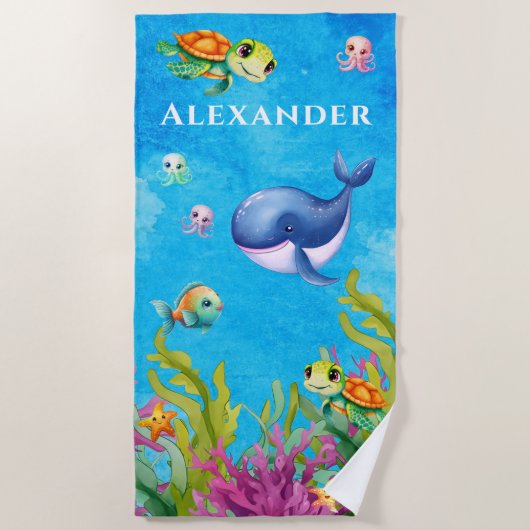 Leuke Monogram Naam Kust Zee Schildpad Walvis Strandlaken (Voorkant)