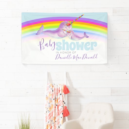 Leuke narwhal moeder en baby regenboog baby shower spandoek (Insitu)