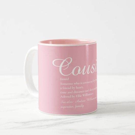 Leuke neef definitie Elegant script Girly Pink Tweekleurige Koffiemok (Voorkant links)