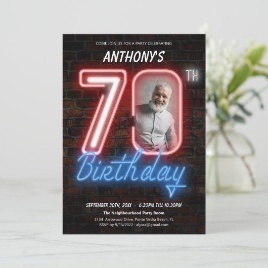 Leuke Neon Retro 70e Verjaardagsfeestuitnodiging Kaart (Staand voorkant)