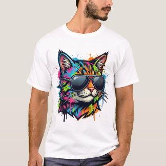 Leuke Neon Straatkunst Kat met Zonnebril T-shirt