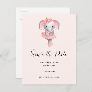 Leuke Olifant Ballerina Roze & Grijs Save the Date Uitnodiging Briefkaart