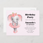Leuke Olifant Ballerina Roze & Grijs Verjaardag Uitnodiging Briefkaart (Voorkant / Achterkant)