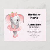 Leuke Olifant Ballerina Roze & Grijs Verjaardag Uitnodiging Briefkaart (Voorkant)