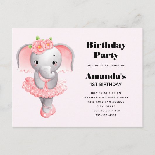Leuke Olifant Ballerina Roze & Grijs Verjaardag Uitnodiging Briefkaart (Voorkant)