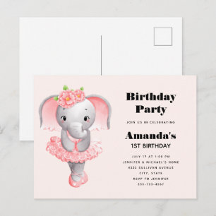 Leuke Olifant Ballerina Roze & Grijs Verjaardag Uitnodiging Briefkaart
