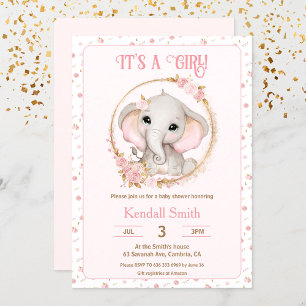 Leuke Olifant en Bloemen Roze Baby shower Kaart