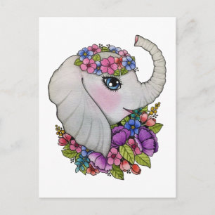 Leuke olifant en wilde bloemen in de Waterverf Briefkaart