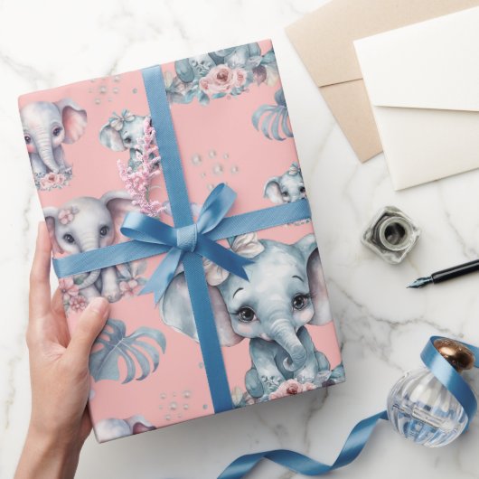 Leuke olifant print op roze achtergrond cadeaupapier (Geschenken)
