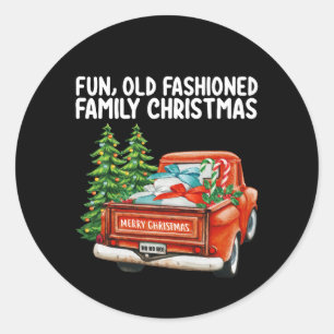 Leuke ouderwetse familie kerst vrachtwagen boom ronde sticker