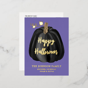 Leuke Paarse Gouden Pompoen Gelukkig Halloween Fol Folie Feestdagen Briefkaart
