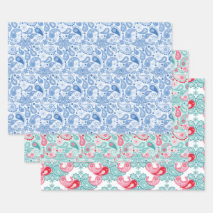 Leuke Paisley patronen Blauw Blauwgroen Rood Inpakpapier Vel