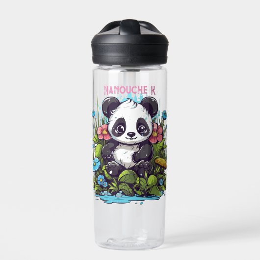 Leuke panda en bloemen waterfles (Voorkant)