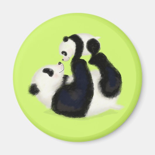 Leuke panda moeder en welp ronde magneet (limoen) (Voorkant)