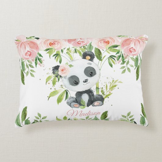 Leuke Panda Roze Bloemen Groen Bamboe Accent Kussen (Voorkant)