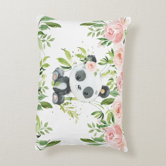 Leuke Panda Roze Bloemen Groen Bamboe Accent Kussen (Achterkant (Verticaal))