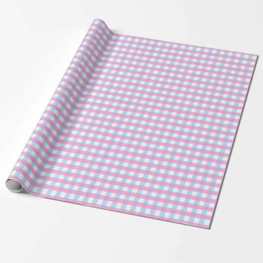 Leuke Pastel Roze Blauw Gingham Check Cadeaupapier (Uitgerold)