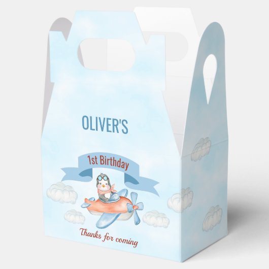 Leuke Penguin Vliegtuig Blauw 1e Verjaardag Bedankdoosjes (Geopend)