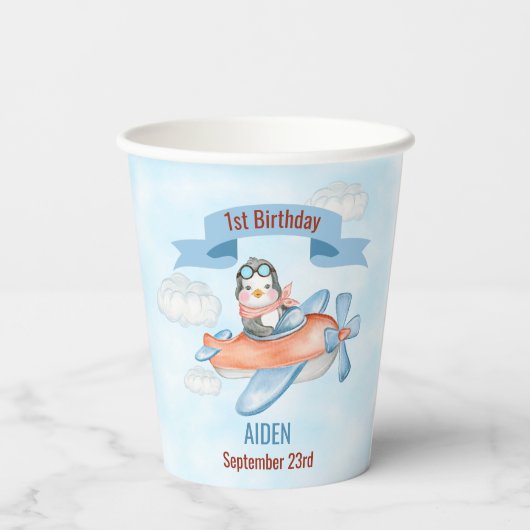 Leuke Penguin Vliegtuig Blauw 1e Verjaardag Papieren Bekers (Achterkant)