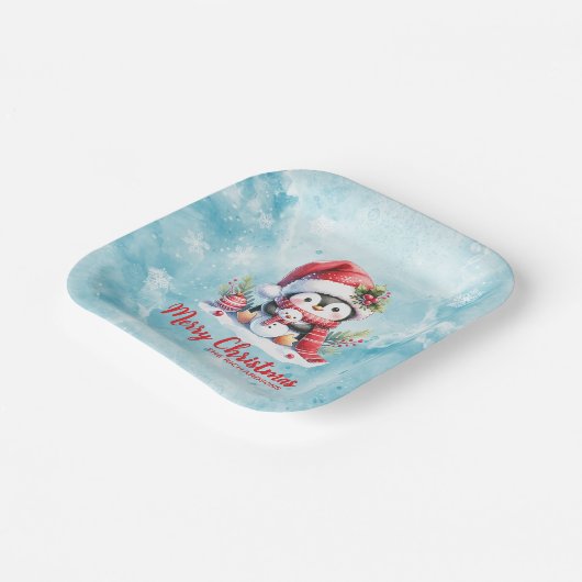 Leuke pinguïn blauw en rood vrolijk kerstfeest papieren bordje (Gebogen)