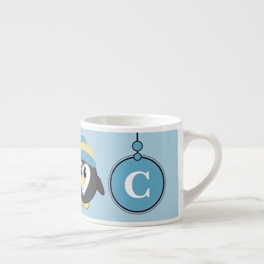 Leuke pinguïn blauw geel met sterren kind espresso kop (Rechts)