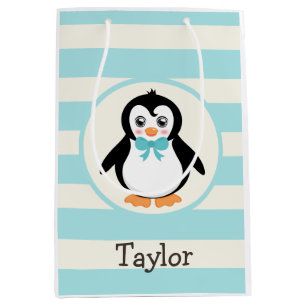 Leuke Pinguïn met Turquoise Bowtie Medium Cadeauzakje
