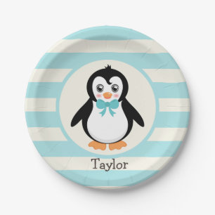 Leuke Pinguïn met Turquoise Bowtie Papieren Bordje