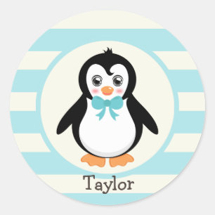 Leuke Pinguïn met Turquoise Bowtie Ronde Sticker