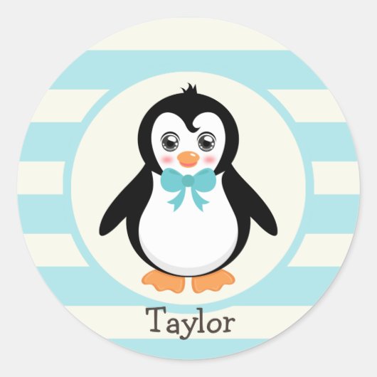 Leuke Pinguïn met Turquoise Bowtie Ronde Sticker (Voorkant)