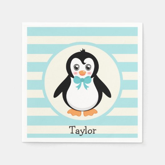 Leuke Pinguïn met Turquoise Bowtie Servet (Voorkant)