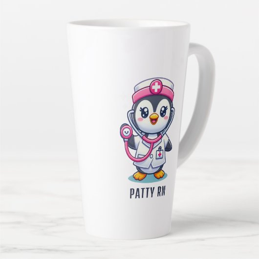 Leuke Pinguïn Nurse Roze Stethoscoop Custom Latte Mok (Rechterhoek)