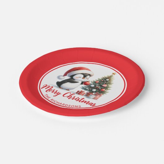 Leuke Pinguïn Rood Wit Custom Vrolijk Kerstmis Papieren Bordje (Gekanteld)