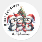 Leuke pinguïns Aangepaste familienaam Vrolijk Kers Ronde Sticker (Voorkant)