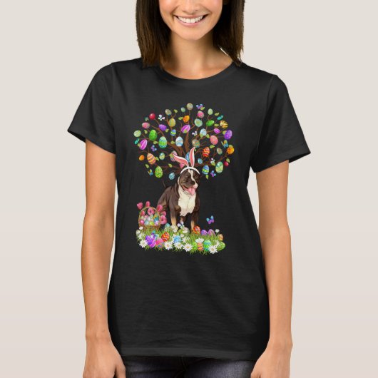 Leuke Pitbull Honden Met Konijnenoren Paaseierboom T-shirt (Voorkant)
