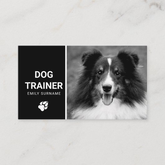 Leuke pluizige hond foto hond trainer zwart-wit visitekaartje (Voorkant)