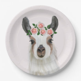 Leuke pluizige lama met Roos bloemkroon roze Papieren Bordje