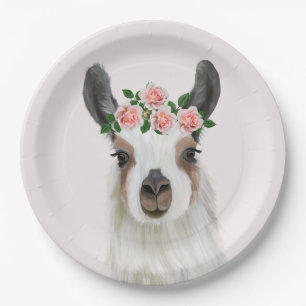 Leuke pluizige lama met Roos bloemkroon roze Papieren Bordje