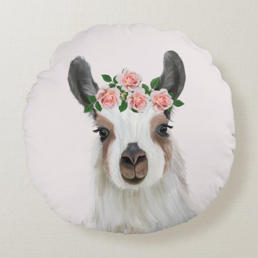 Leuke pluizige lama met Roos bloemkroon roze Rond Kussen (Voorkant)
