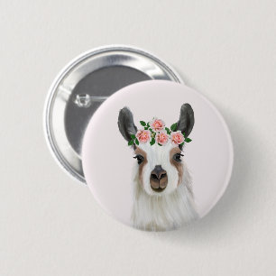 Leuke pluizige lama met Roos bloemkroon roze Ronde Button 5,7 Cm