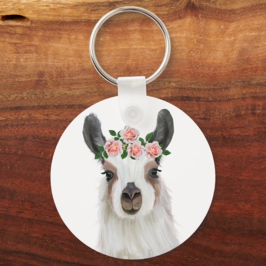 Leuke pluizige lama met Roos bloemkroon wit Sleutelhanger (Achterkant)