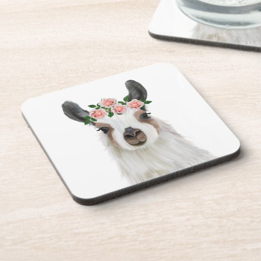 Leuke pluizige lama met Rozen bloemkroon Bier Onderzetter (Linkerzijde)
